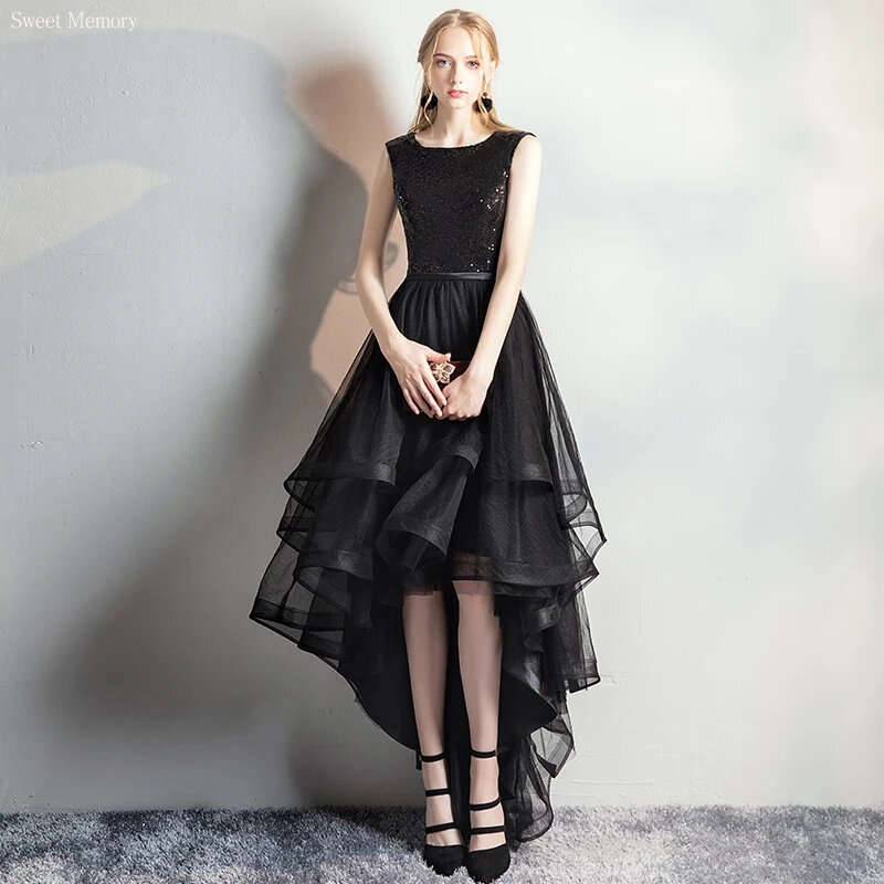 Милое маленькое черное платье с эффектом памяти 2024, элегантное вечернее платье с круглым вырезом, коротким спереди и длинной спинкой, блестками, женское платье