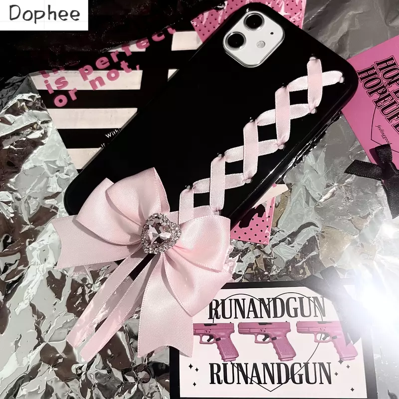 Dophee-Lolita Rhinestone Bow Soft Case Capas de Telefone, Adequado para Apple iPhone 12, 13, 14, 15 Pro Max, Y2K Subcultura, Original