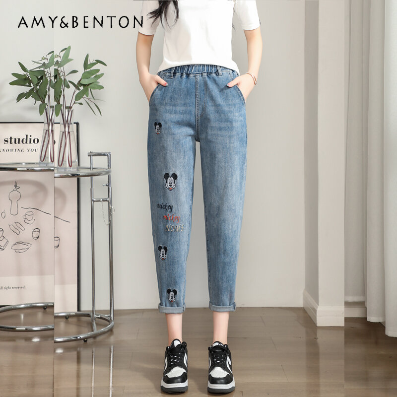 Женские джинсы-шаровары с мультяшной вышивкой Potdemiel, новинка 2024, джинсовые брюки, узкие укороченные брюки для весны и лета