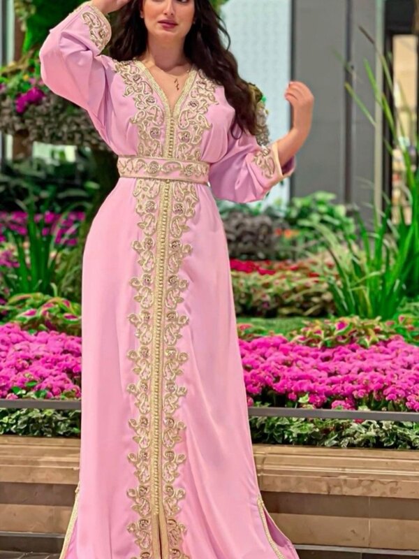Vestido de noite argelino A-line Apliques feminino, vestido até o chão, vestido nupcial vintage, rosa, decote em v, festa