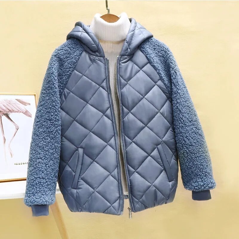 Chaqueta fina y ligera de algodón para mujer, abrigo corto con capucha, chaqueta holgada de lana de cordero, otoño e invierno, 2023