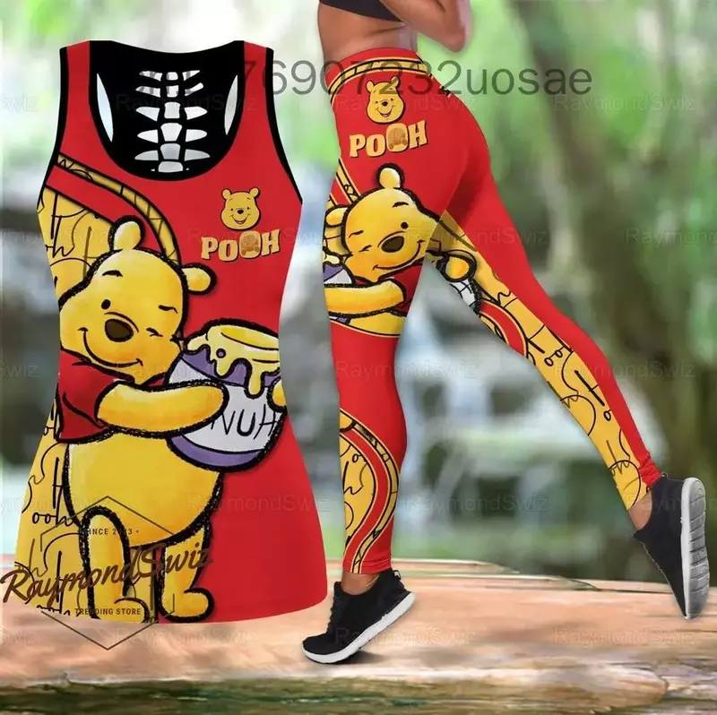 Disney Winnie the Pooh Hollow regata e leggings conjunto para mulheres, treino de ioga fitness, regata recorte, verão
