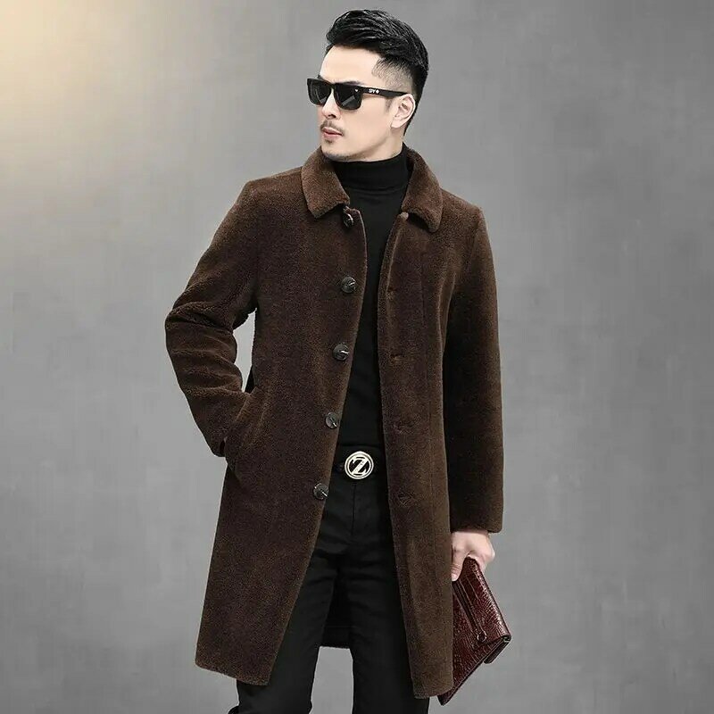 Jaket Bulu Asli untuk Pria, Mantel Bulu Asli Panjang Mode Musim Gugur Musim Dingin 2022, Jaket Cukur Domba Kasual Luar Bulu Wol Asli G375