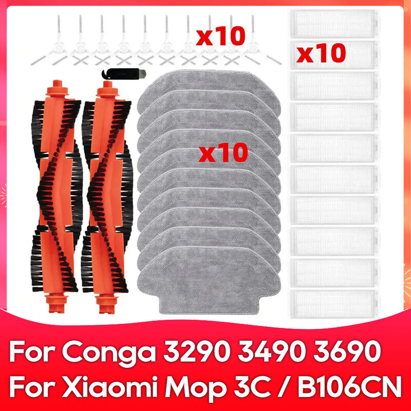 Compatível com Xiaomi Mijia Robot Vacuum Mop 3C / B106CN / Conga 3290 / 3490 / 3690 Rolo Escova Lateral Filtro Panos de Limpeza Acessório Peça de Reposição