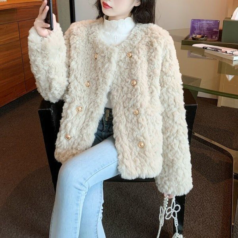 แจ็กเก็ตขนเทียมแฟชั่นเกาหลีสำหรับผู้หญิงเสื้อโค้ทขนแกะทรงสั้นนุ่มหนาสำหรับฤดูหนาว