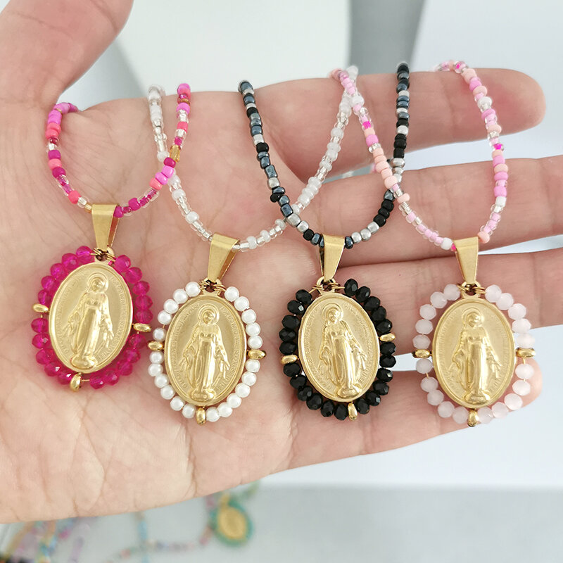 QMHJE Virgin Mary collana con ciondolo in acciaio inossidabile collana con ciondolo da donna catena con perline girocollo oro argento colore arcobaleno gioielli colorati