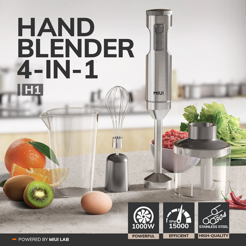 MIUI Hand perendaman Blender 1000W kuat 4-in-1, baja tahan karat stik Mixer makanan, 700ml mencampur gelas, 500ml prosesor, pengocok