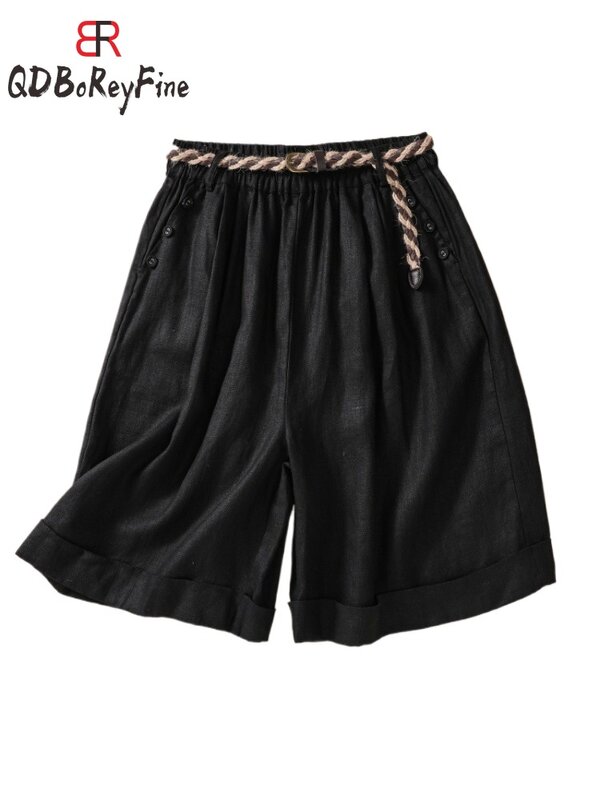 New Summer Women Shorts Cotton Linen Casual High Waist Baggy Shorts with Belt Korean Bloomers Black Oversize Female Short Pants