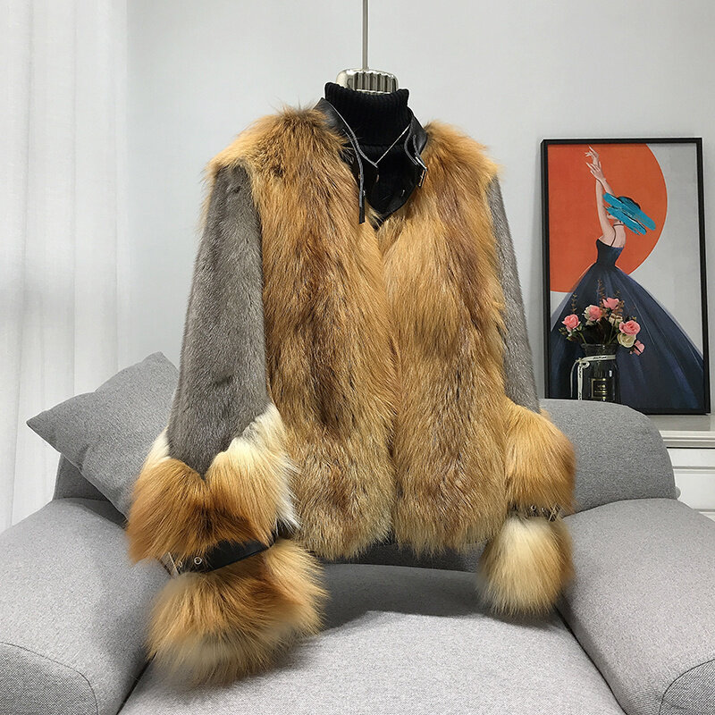 Pele de raposa inverno inteiro vermelho vison casaco de pele feminino 2023 novo luxo genunie pele de vison jaqueta locomotiva streetwear