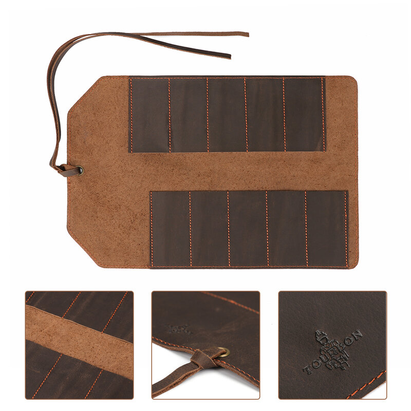 Tas kulit Tourbon, peralatan kulit gulung (10 slot) portabel, kantong penyimpanan bengkel, Organizer pekerjaan kayu