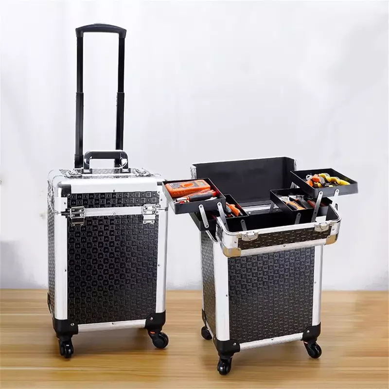 Large Capacity Alloy With Wheels Folding Tool Box High-Grade Professional Portable Box for Electrician Actor Tool Box shockproof