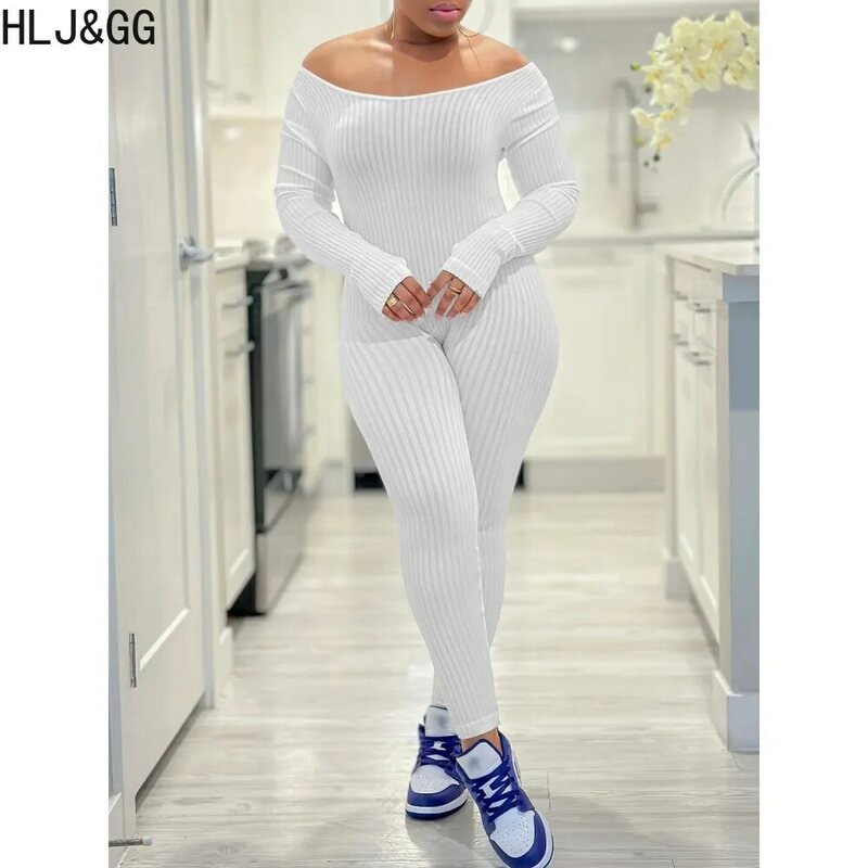 HLJ&GG Autumn Winter Robber Skinny Sporty Jumpsuits Women One Shoulder Long Sleeve Playsuit Female Solid Color Slim Home Overall