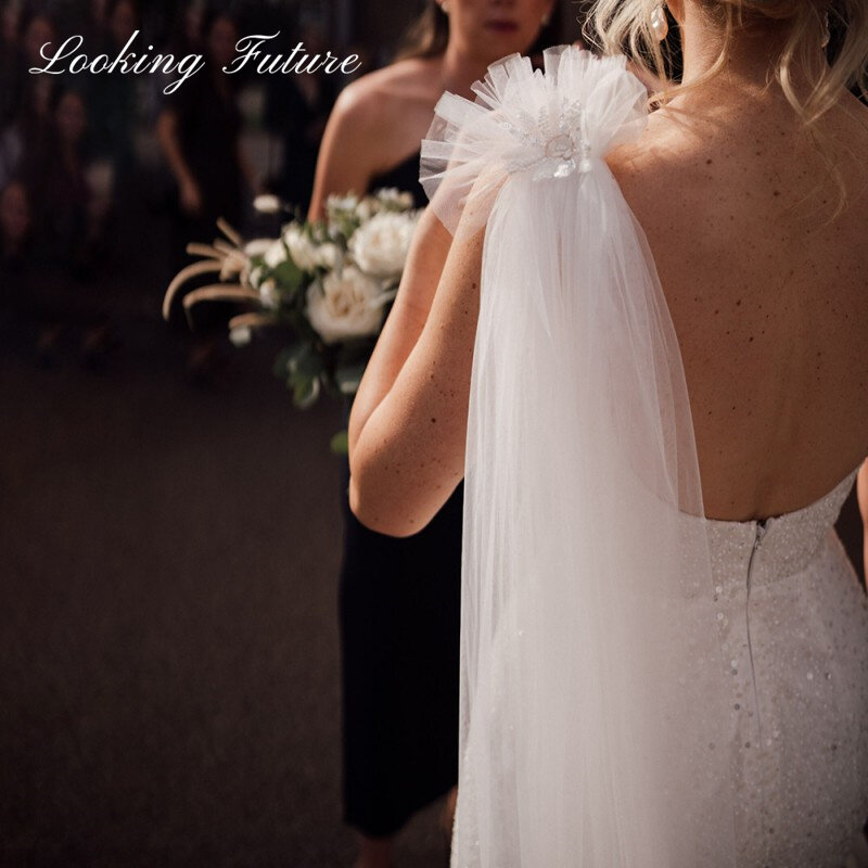 Requintado vestido de noiva sereia lantejoulas, personalizado, ombro destacável, tule, colarinho quadrado, vestido de noiva Bling Beading, 2024