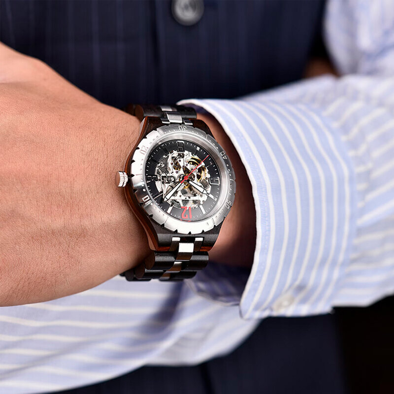 Męskie zegarki mechaniczne drewno i stal nierdzewna w połączeniu wielofunkcyjny chronograf odporna na zarysowania szklane zegarek na prezent męskie