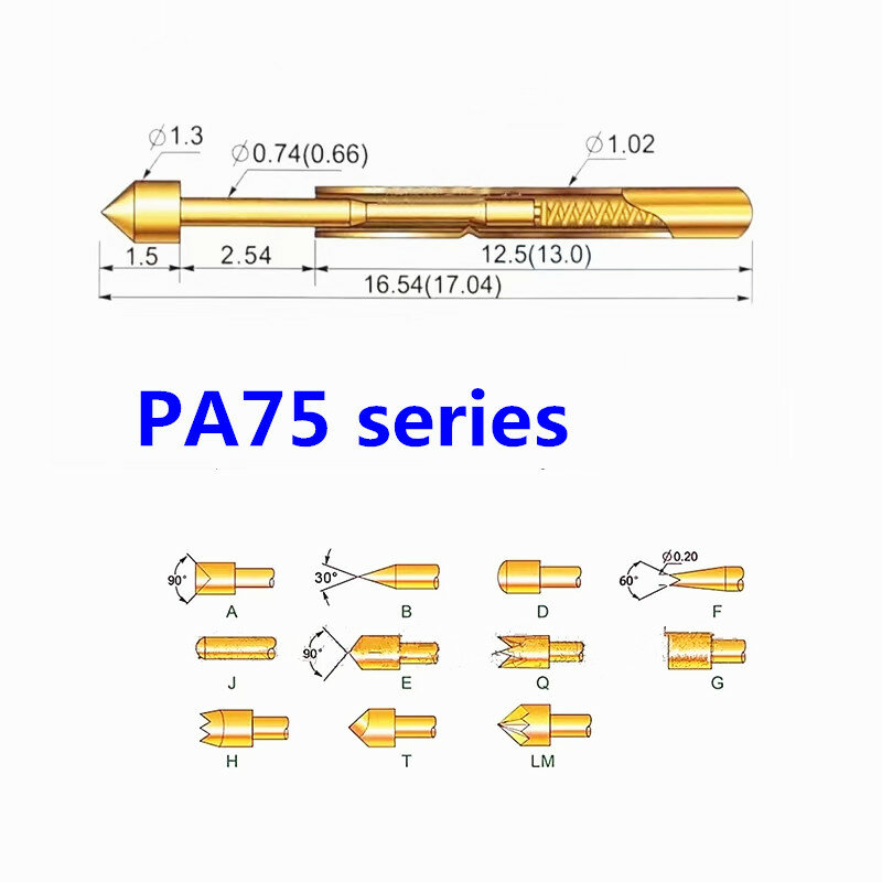 Broche de Test à Ressort Plaqué Or PA75-A2 B1 E2 H2 J1 Q1 Q2 T2 LM2 NipF1 Diamètre Extérieur 100mm Longueur 1.02mm Sonde PCB 16.5 Pièces/Sac