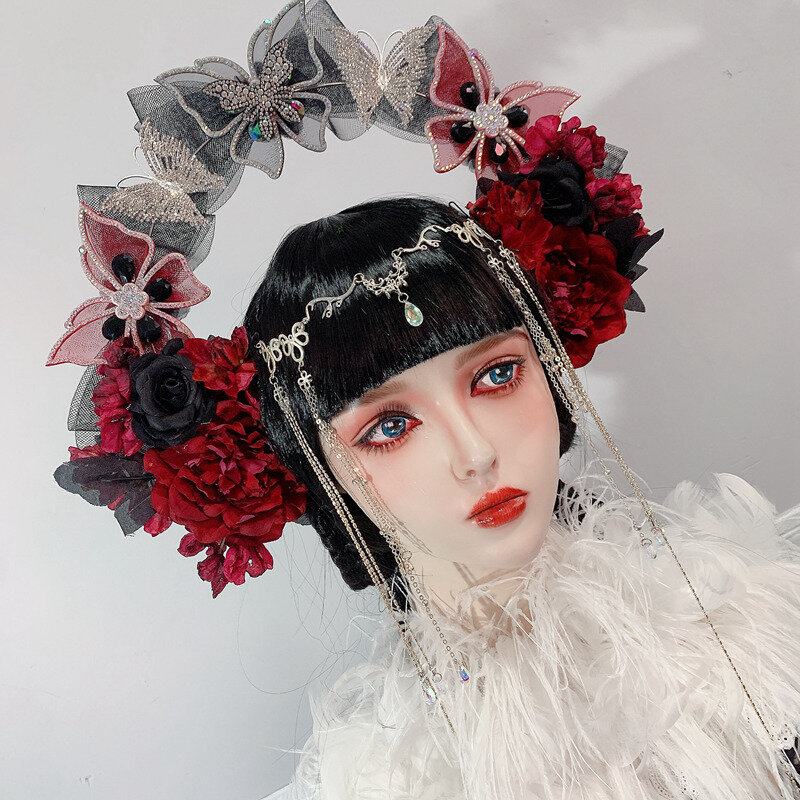Lolita Fairy Butterfly Halo Crown Headpiece Bridal Wreaths Flowers Headband Women Girl Mermaid Princess Elf Cosplay Headdress