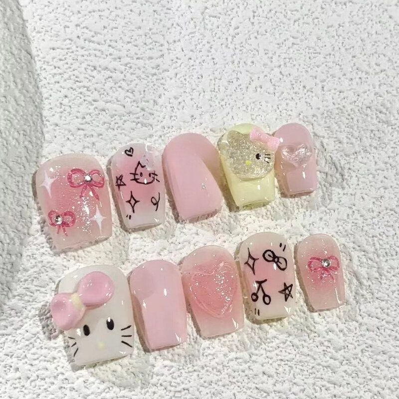 10Pcs Handmade Kawaii Press on Nails Short Korean False Nails with Cute Cat  Accessories Decor Acrylic Nail Tips Art Sweet Girls