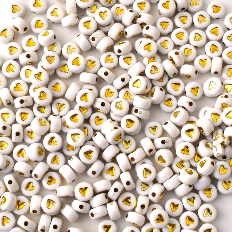 50pcs/lot 7*4*1mm DIY Handmade beading Acrylic beads Round white background gold love beads for jewelry making