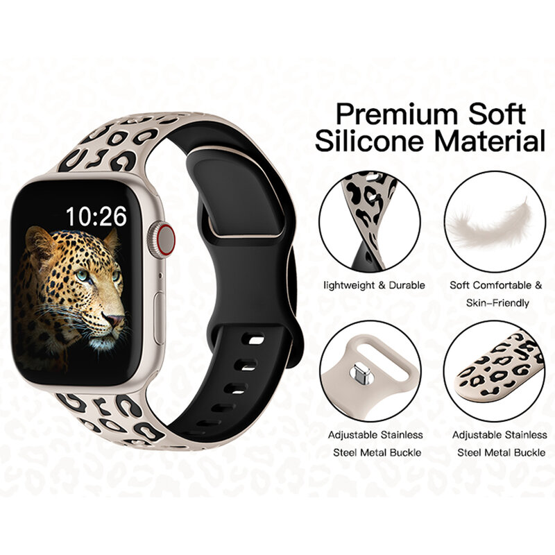 Pulseira Leopard para Apple Watch, Pulseira Correa Gravada, iWatch Series 9, 8, 7, SE, 6, 5, 4, 3, 2, 1 Ultra 2, 45mm, 44mm, 49 milímetros, 41 milímetros, 40 milímetros