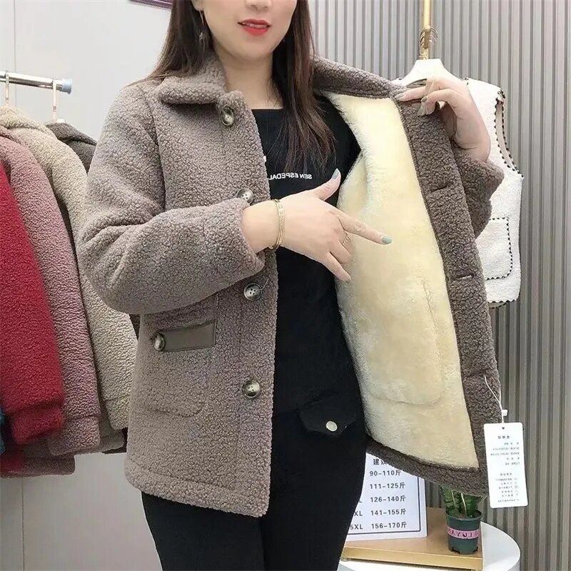 2023 New Autumn Winter Women Imitation Lamb Wool Jacket Thicken Warm Pocket  Fur Coat Cotton Padded Coat Female Outerwear