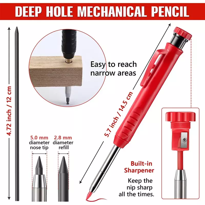 Solid Carpenter Pencil Set with Refill Lead Woodworking Tools Mechanical Pencil Construction Job Tools Carpentry Marking Scriber