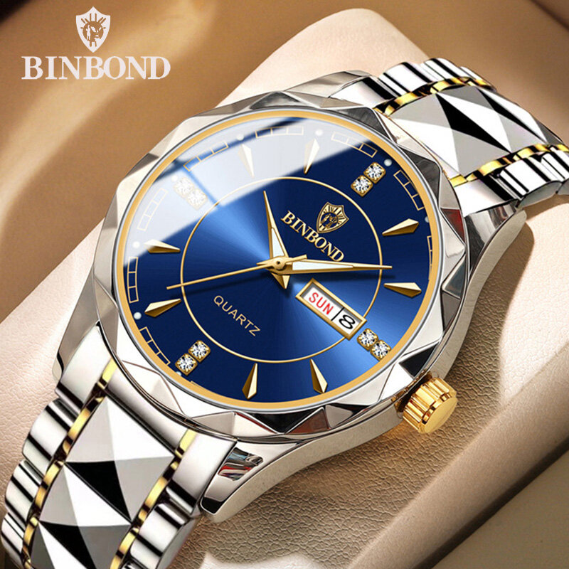BINBOND-Relógio de pulseira de aço militar masculino, relógios de pulso empresariais, luminoso, moda nacional, esportes, impermeável, B5552, 50m