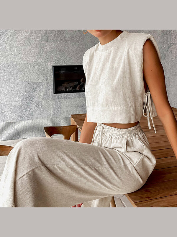 Women Solid Linen Lace Up Pants Set Spring O-neck Sleeveless Crop Tank Drawstring Trouser Suits Lady Chic Beach Vacation Outfits
