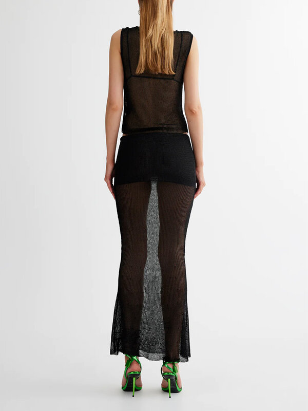 Ladies Lingerie Long Dress Set Solid Color Transparent Round Neck Short Tank Top + High Waist Pack Hip Slim Long Skirt