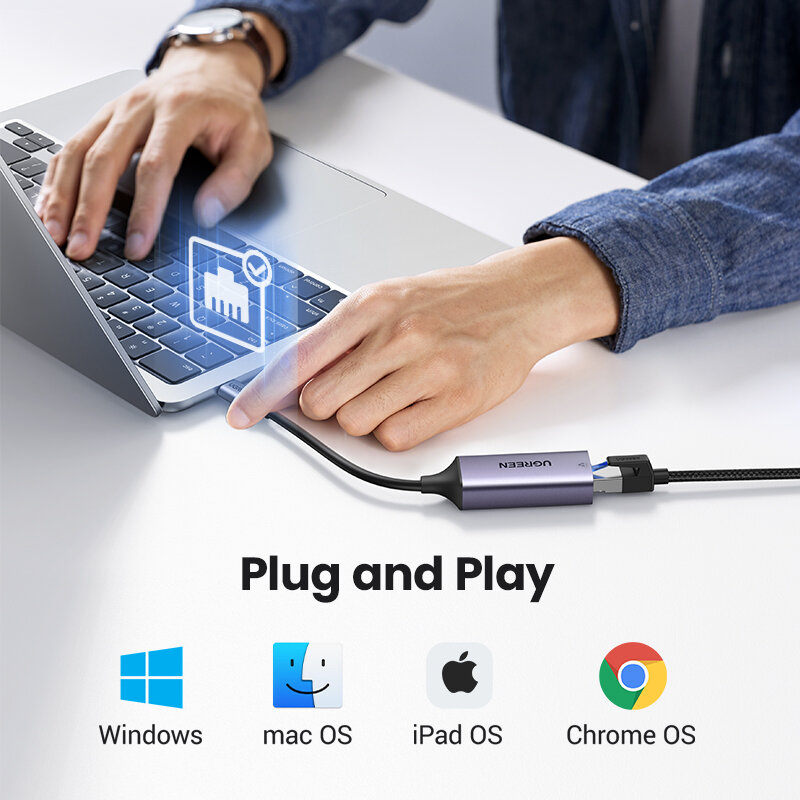 UGREEN-USB C para RJ45 Lan Thunderbolt 3 para PC portátil MacBook Samsung Windows, Tipo C Placa de rede Internet, 1000Mbps