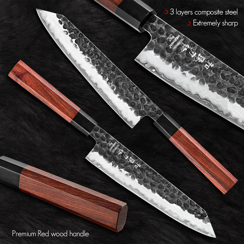ヘザーエン-シェフナイフ,3層複合鋼,高品質の赤い木製ハンドル,キッチンアクセサリー,8.3インチ