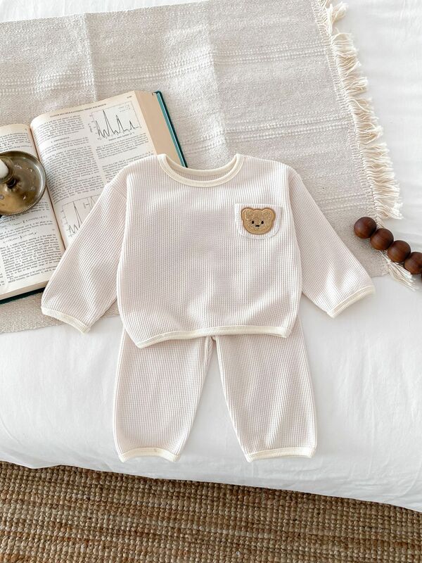 2024 Spring New Baby Long Sleeve Clothes Set Boy Girl Cartoon Bear Sweatshirt + Pants 2pcs Suit Infant Toddler Waffle Outfits