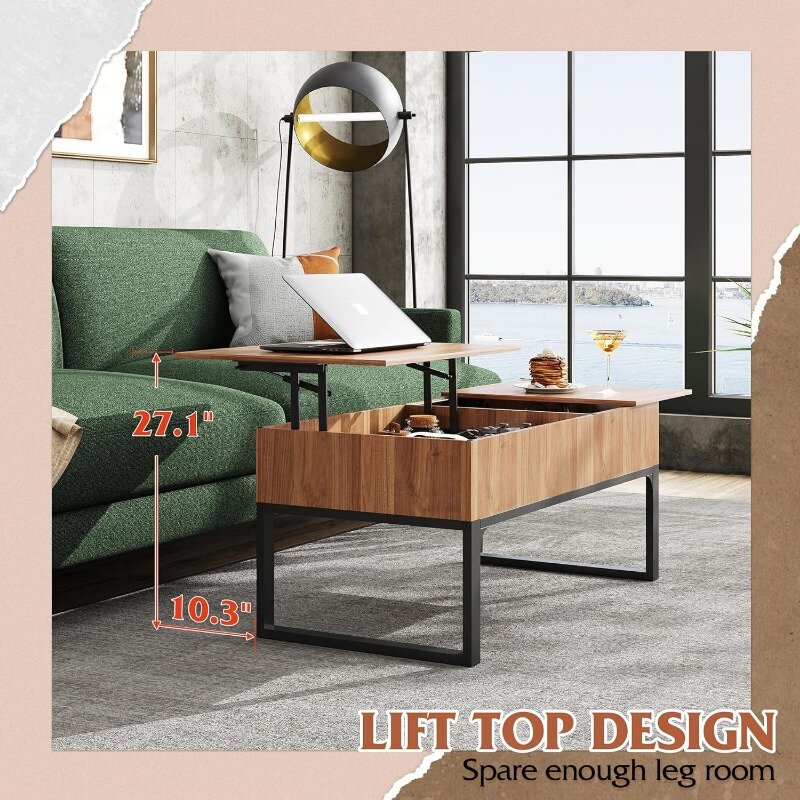 Stolik kawowy WLIVE Lift do salonu, nowoczesny drewniany stolik kawowy ze schowkiem, ukrytą komorą i szufladą na mieszkanie