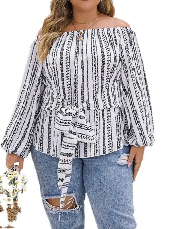 Plus Size Spring Striped Floral Print Tops Women Loose Casual Fashion Off Shoulder Ladies Cropped Blouses Long Sleeve Woman Tops