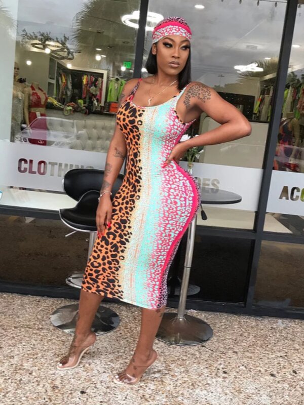 LW Gradient Leopard Print Bodycon Cami Dress Bandage Design Multicolor Summer Overalls Sleevess Sexy Stretchy U Neck Vestidos
