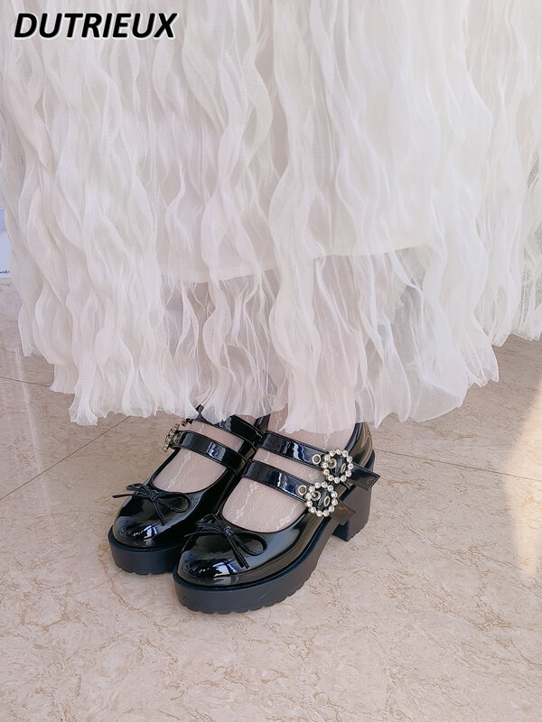 Japanese Style Sweet Girls Mine Ins Retro Platform High Heel Cute Rhinestone Mary Jane Lolita Black All-matching Women's Shoes