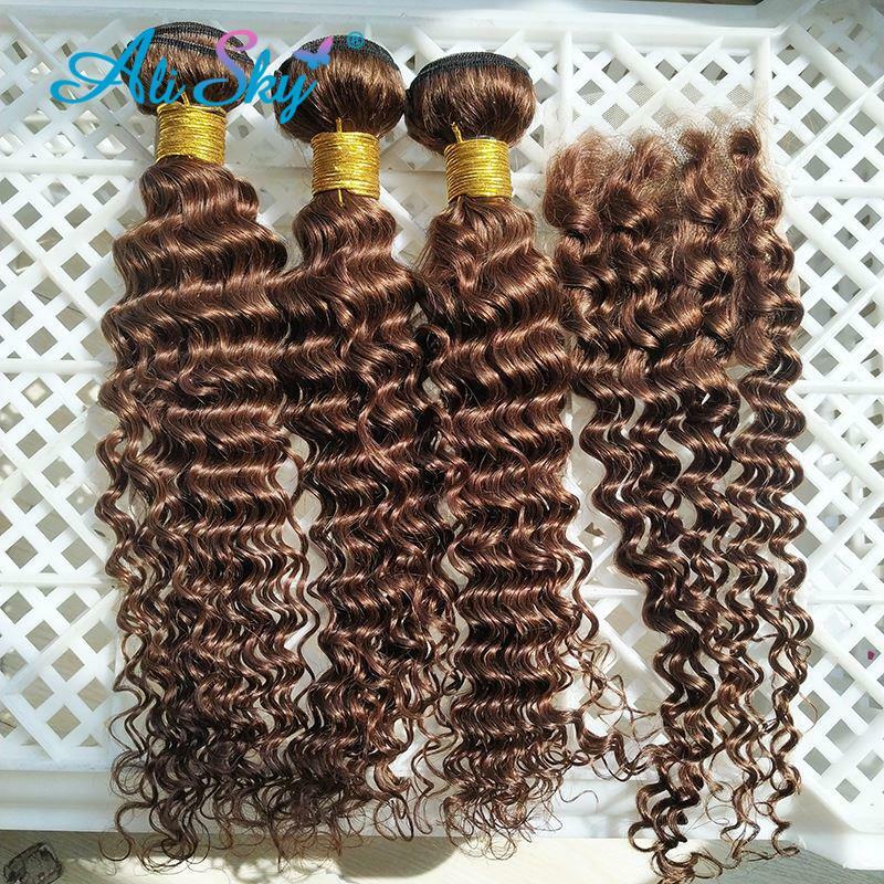 Bundel rambut manusia #4 keriting gelap warna coklat muda dengan penutupan renda 4X4 3 bundel jalinan grosir tebal dan jalinan keriting lembut penuh