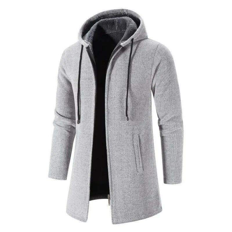 Sweater pria, mantel kardigan panjang menengah ritsleting hangat kasual musim gugur dan dingin untuk lelaki