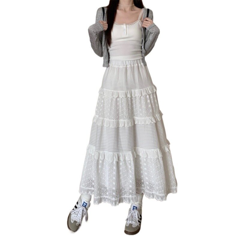 2024 Spring New White Half Skirt High Waist A-line Cake Skirt Design Lace Spliced Hook Flower Long Skirt for Women