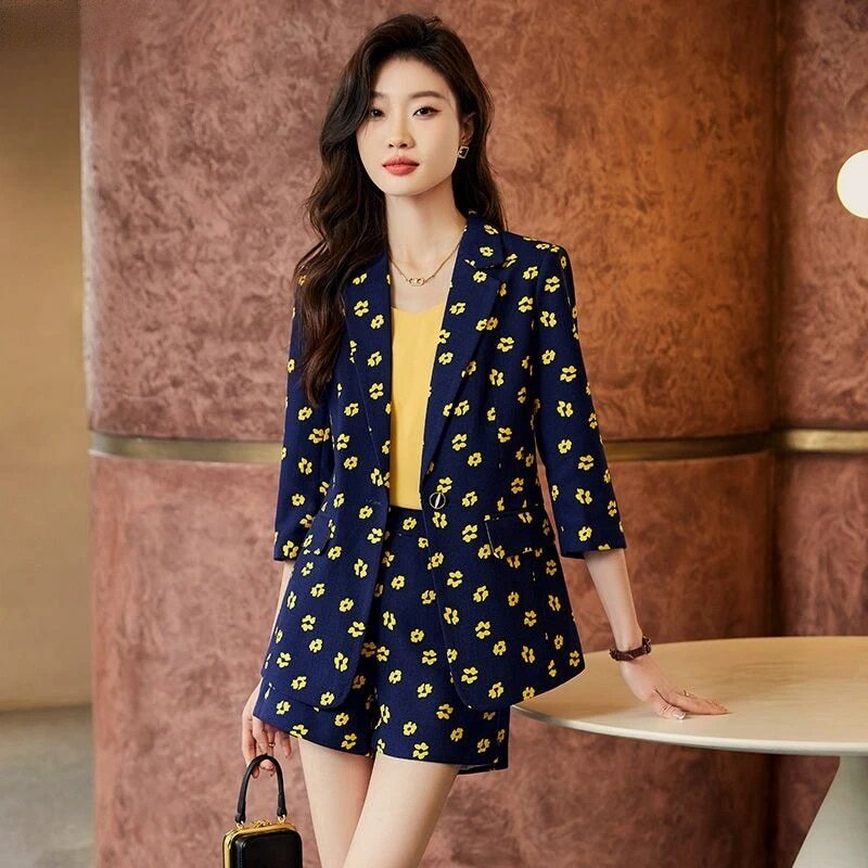 2023 Summer Thin Fashion Loose Casual Medium Length Femme Jacket Pantsuits Korean Women Office Print Blazer Shorts Set 2-piece