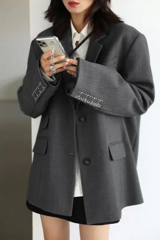 CHICVEN 커프 자수 블레이저, 와이드 숄더 트울 수트, 오피스 레이디, 여성 겉옷, 세련된 상의, 가을
