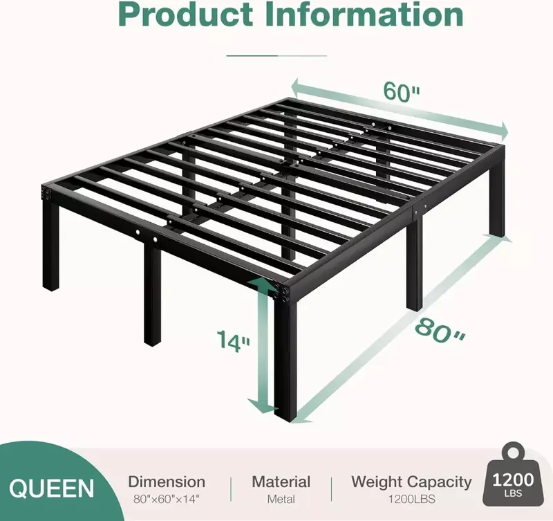 Rangka tempat tidur Queen, rangka tempat tidur Platform logam 14 inci ukuran Queen dengan ruang penyimpanan di bawah tempat tidur, penyangga Slat baja tugas berat, mudah