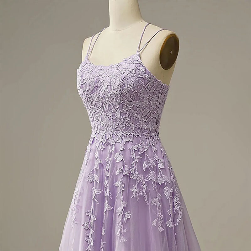 Elegante vestido de banquete feminino, alças de espaguete, apliques de renda, linha A de tule, vestidos de baile, roxo claro, 2024