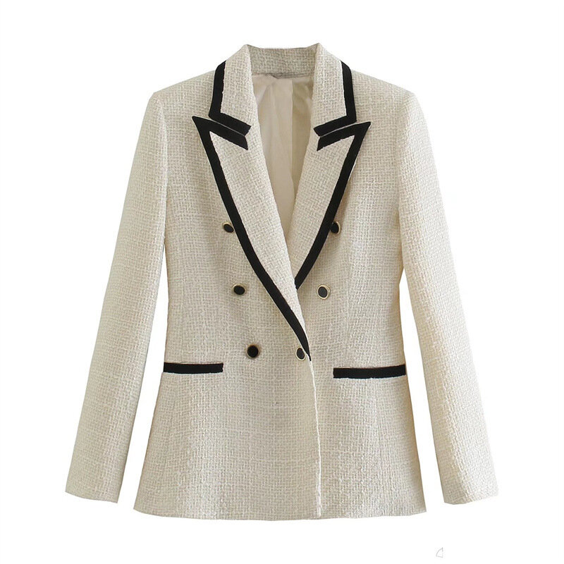 2024 nuove donne doppio petto Tweed Blazer cappotto Vintage manica lunga tasche capispalla femminile autunno inverno giacca Casual Blazer