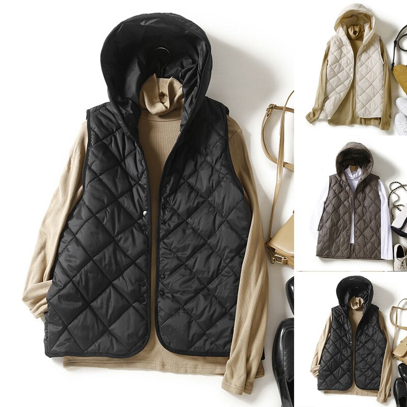 Colete feminino ultra leve, jaqueta curta solta com capuz sem mangas, colete de algodão feminino, outwear monocromático, outono, inverno, novo, 2023