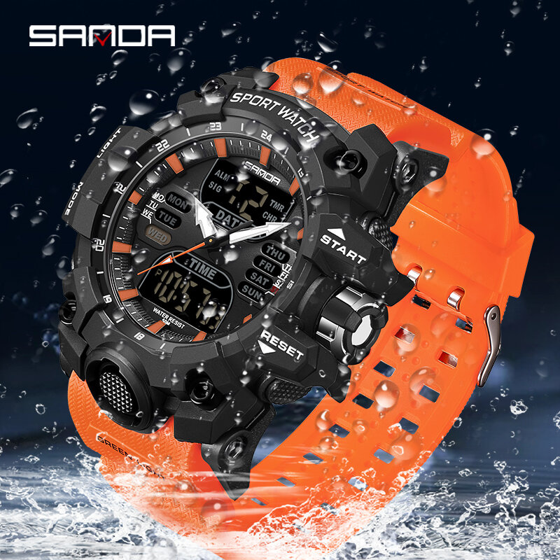Часы наручные SANDA мужские с двойным дисплеем, водонепроницаемые спортивные в стиле милитари, кварцевые цифровые с будильником и секундомером, 6126