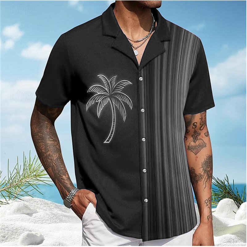 Camisa con estampado 3D de palmera para hombre, camisa de manga corta con solapa, color morado, talla grande 5XL