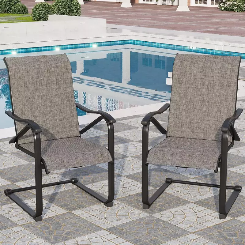 Набор из 4 обеденных стульев с пружиной для использования на открытом воздухе, эластичные стулья с высокой спинкой для внутреннего дворика с мягкой текстильной тканью и черной металлической рамой