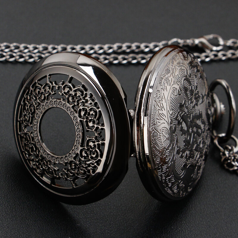 Reloj de bolsillo ahuecado para mujer y niña, pulsera de cuarzo de moda negra, regalo de joyería, cadena de colocación