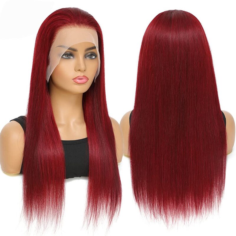 女性のためのバーガンディレースフロントウィッグ、事前に摘み取られた髪、接着剤なし、hd透明なかつら、ワインの赤い色、人間の髪の毛、99j、13 × 4