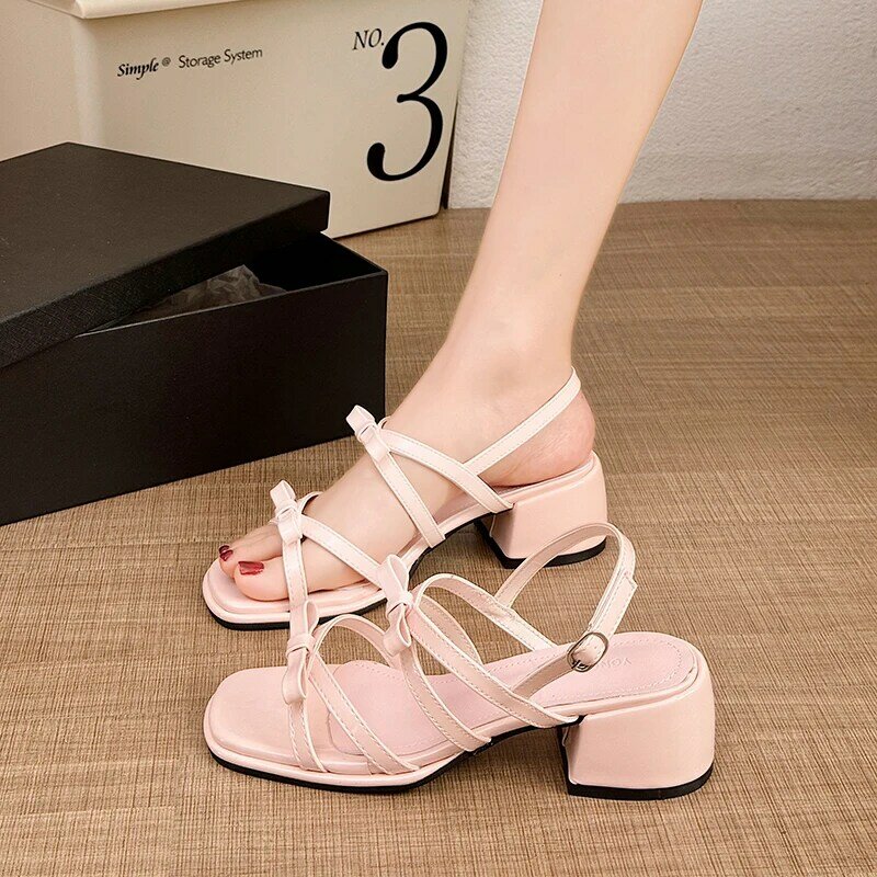 2024 New Sandals Women Square Mid Heels Platform Shoes Woman Sweet Butterfly Knot Buckle Strap Summer Sandals Zapatos De Mujer